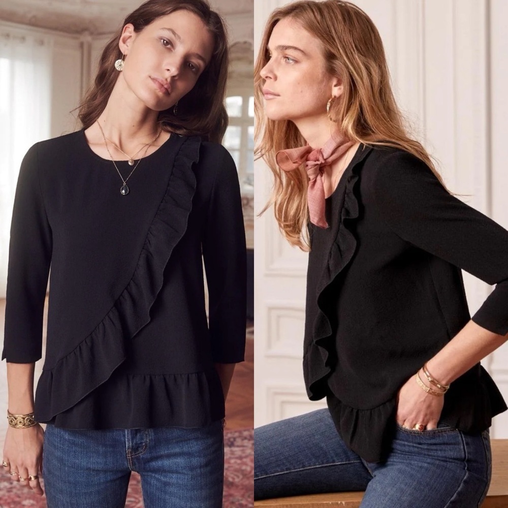 Sezane Jerry Blouse Black Asymmetric Ruffle Size 34 French or US Size 2 Top Crew